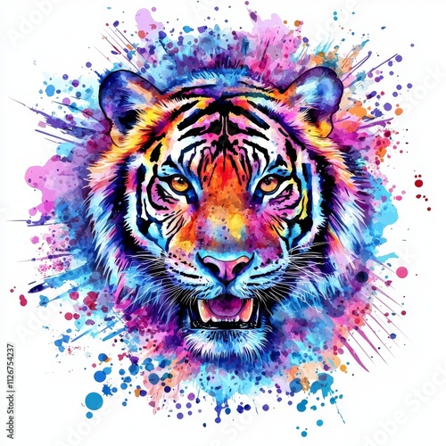 Vivid wildlife safari animal artwork - Watercolor depiction of a tiger's head, suitable for a logo or t-shirt, isolated on a white background (Stock). photo