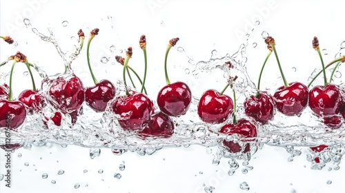Row of cherries are floating in a stream of water