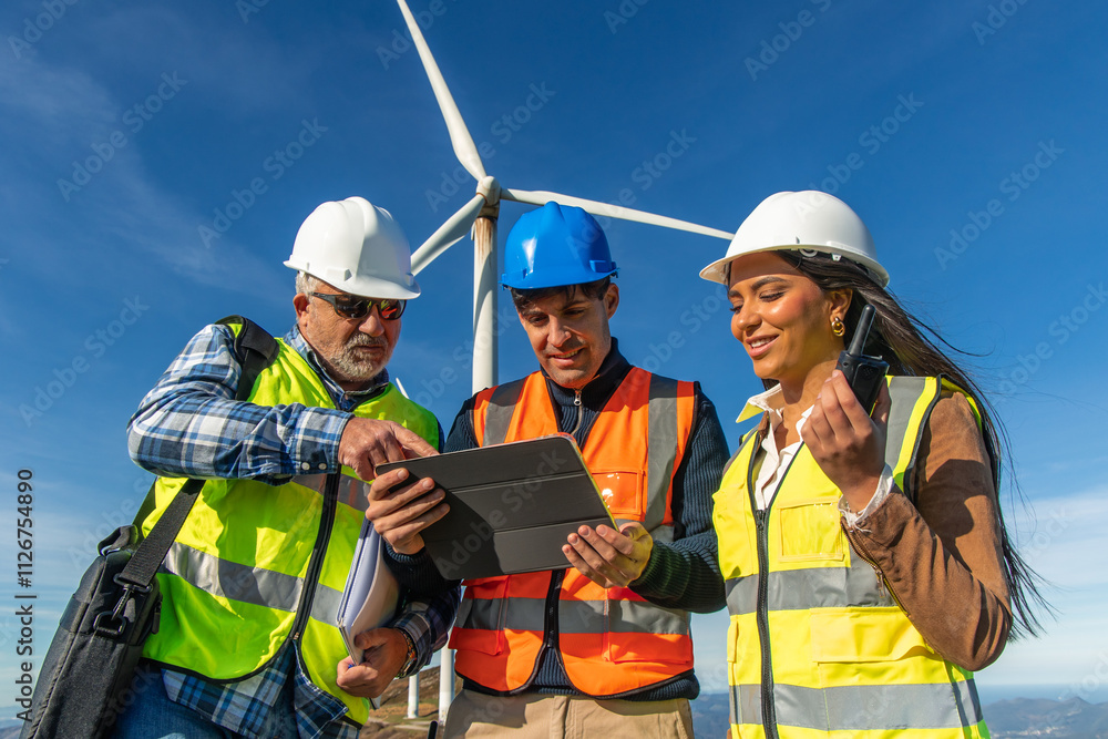 Three multiethnic Engineers using digital tablet, inspecting wind turbine for green energy Three multiethnic Engineers using digital tablet, inspecting wind turbine for green energy