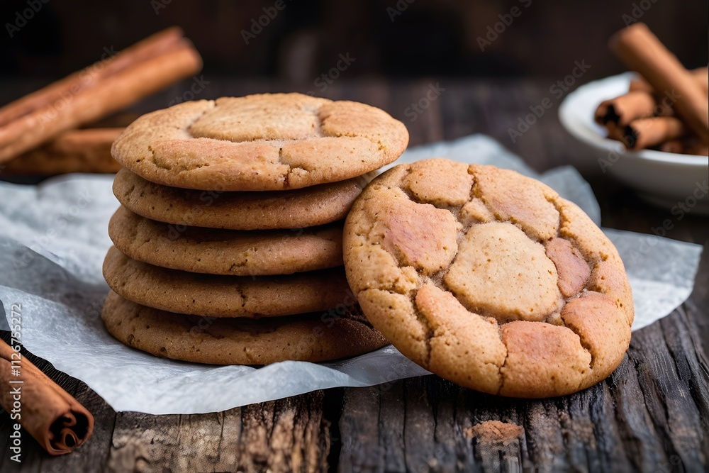 Close-up of cinnamon snickerdoodle cookies on wooden table with copy space. Close-up of cinnamon snickerdoodle cookies on wooden table with copy space.
