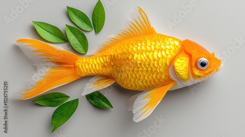 Realistic orange goldfish with vibrant fins and green leaves on a minimalist background photo