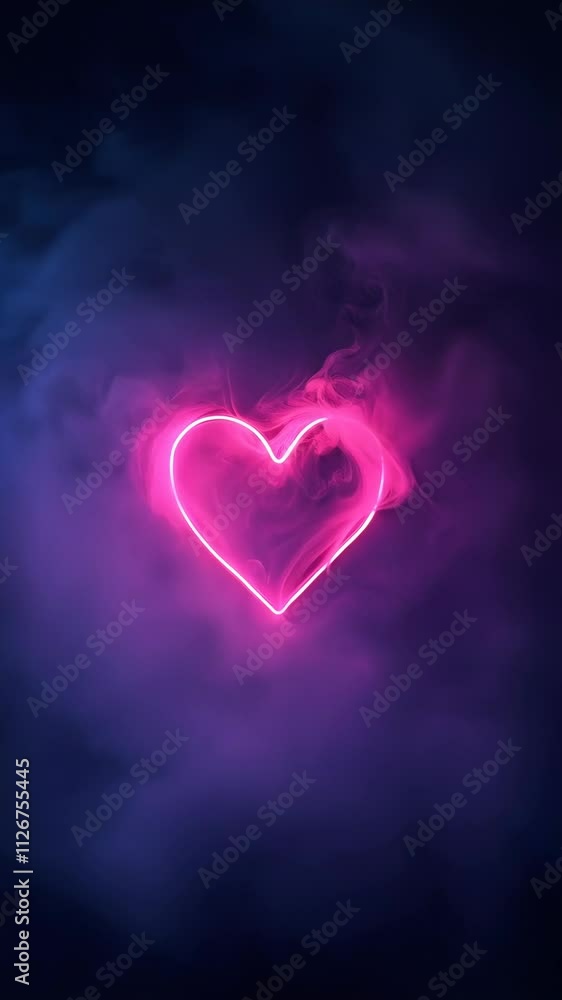 A neon pink heart glowing in a moody, misty environment with purple hues, creating a dreamy and romantic atmosphere. Animation for valentine's day. Vertical video A neon pink heart glowing in a moody, misty environment with purple hues, creating a dreamy and romantic atmosphere. Animation for valentine's day. Vertical video