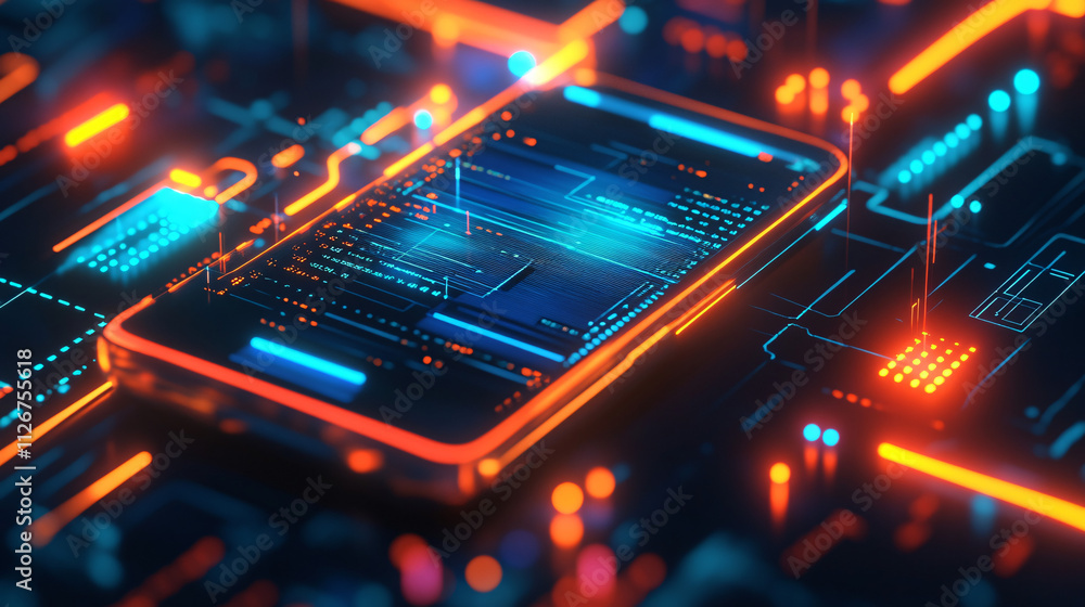 Obraz premium A digital phone icon glowing with neon circuits, representing online customer service, telecom analytics, and real-time communication tools. 