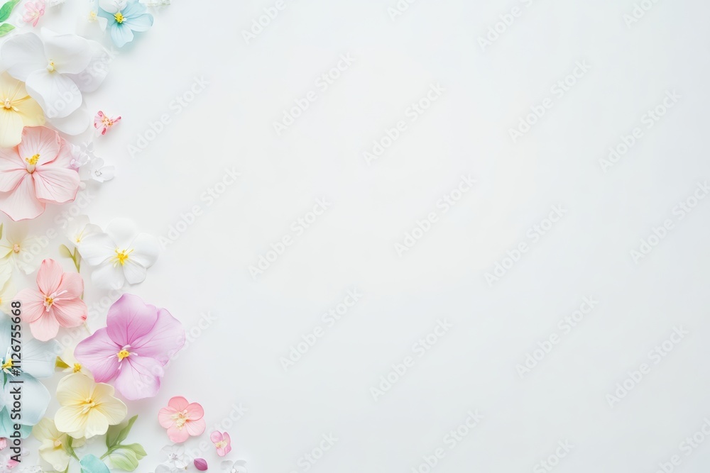 Fototapeta premium Flat Lay of Colorful Flowers on White Background for Floral Design