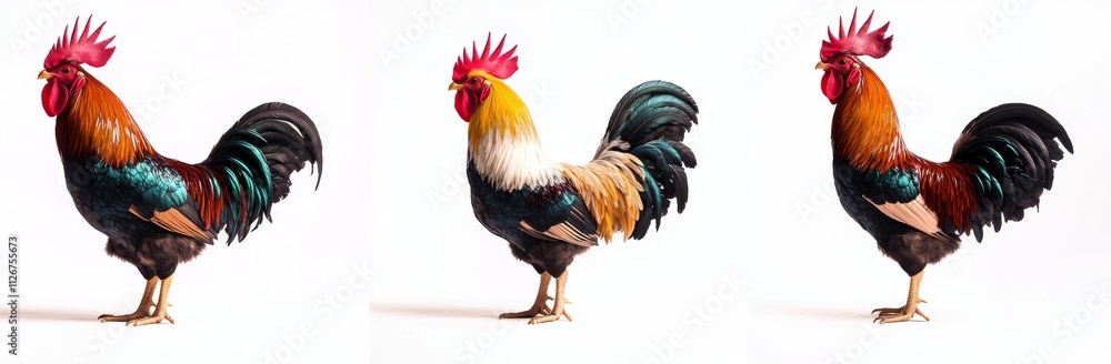 A bundle of three chickens—white, black, and brown—isolated on a white background, offered as a transparent PNG. A bundle of three chickens—white, black, and brown—isolated on a white background, offered as a transparent PNG.