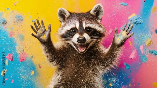 A raccoon surrounded by explosions of vivid paint, multicolored liquid splatters. photo