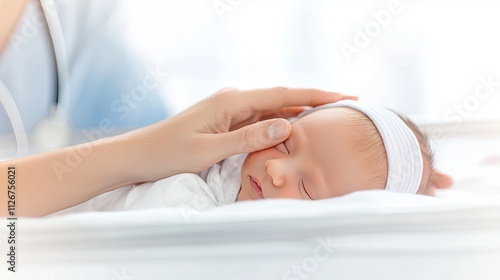 A soothing image of a newborn baby boy being gently cared for by a loving hand in a bright, soft-lit environment. photo