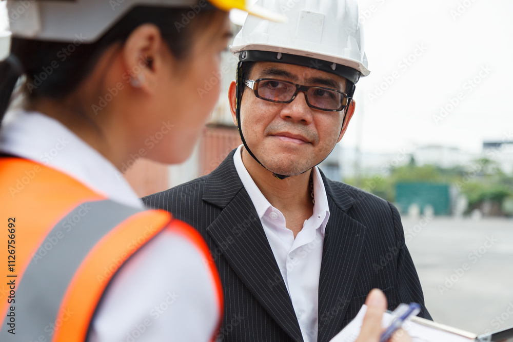 Asian woman engineer writing on a clipboard, consulting with a construction manager in a white hard hat holding a tablet at an outdoor industrial site. Construction and project management concept. Asian woman engineer writing on a clipboard, consulting with a construction manager in a white hard hat holding a tablet at an outdoor industrial site. Construction and project management concept.