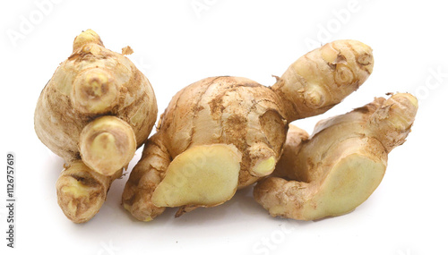 Sliced fresh ginger root isolated on white background,Craiova,Romania - stock photo
