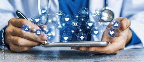 Healthcare professional engaging with digital technology medical office digital medical content clinical environment close-up view innovation