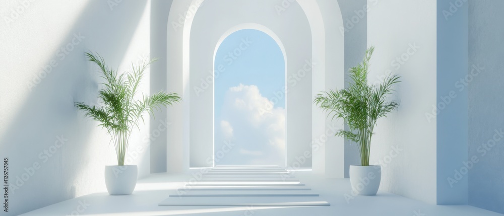 Fototapeta premium Serene Minimalist White Architecture with Plants and Sky View