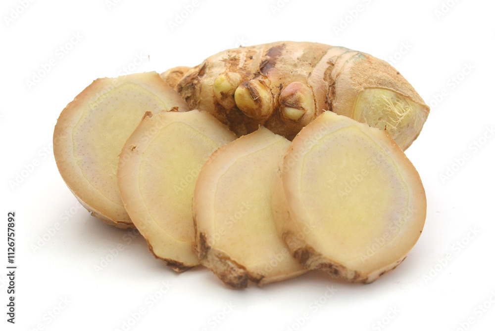 Sliced fresh ginger root isolated on white background,Craiova,Romania - stock photo
Sliced fresh ginger root isolated on white background,Craiova,Romania - stock photo