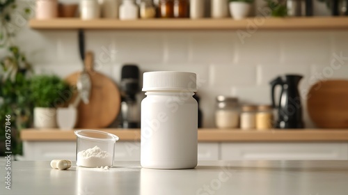 9. A bottle of medicine powder with a measuring cup on a bright, clean counter in a kitchen setting