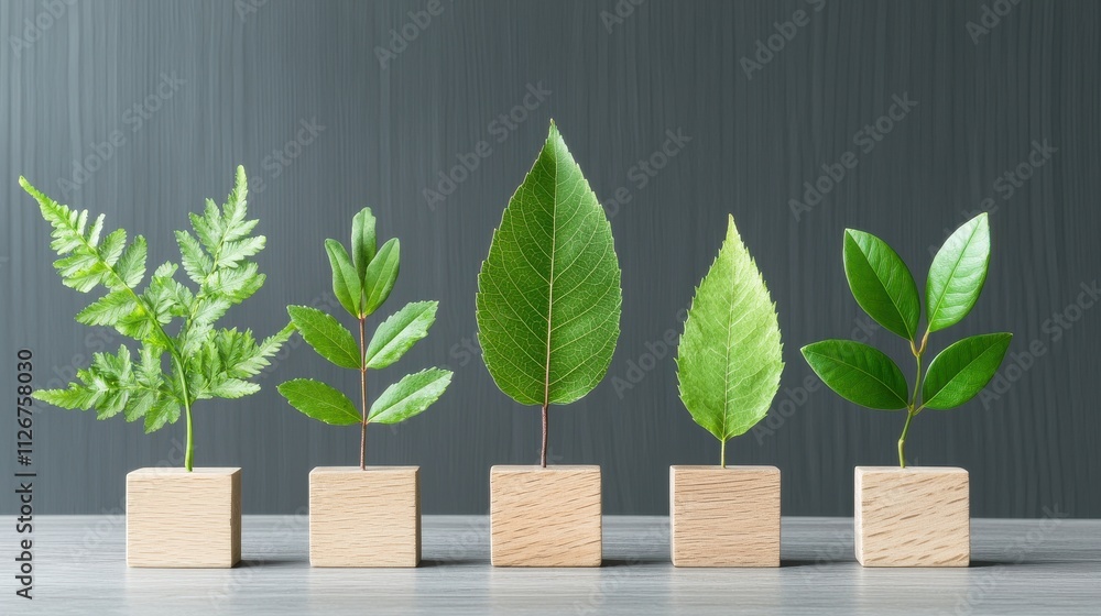 Diverse Green Leaves Displayed on Wooden Blocks Against a Soft Gray Background Diverse Green Leaves Displayed on Wooden Blocks Against a Soft Gray Background
