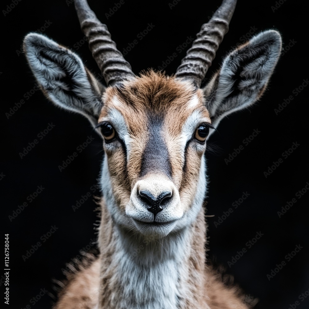 A black background frames a portrait of an antelope, leaving space for text. A wild artiodactyl animal. A black background frames a portrait of an antelope, leaving space for text. A wild artiodactyl animal.