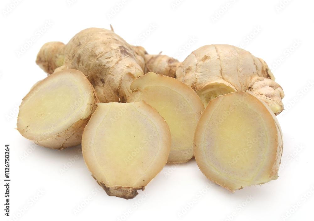 Sliced fresh ginger root isolated on white background,Craiova,Romania - stock photo
Sliced fresh ginger root isolated on white background,Craiova,Romania - stock photo