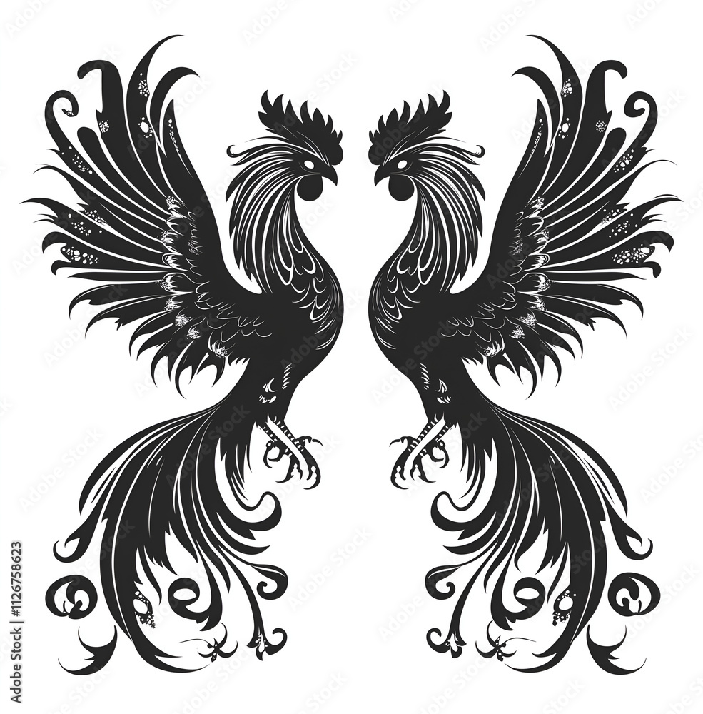 Two roosters fighting, vector black illustration on a white background Two roosters fighting, vector black illustration on a white background