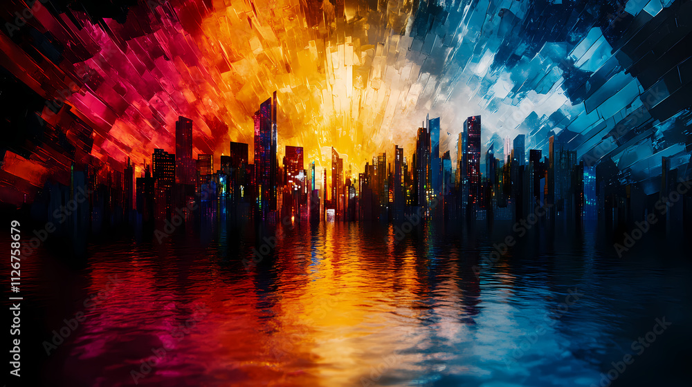 Fototapeta premium vibrant skyline view reflecting through fragmented glass prism, showcasing stunning blend of colors from warm oranges and reds to cool blues. cityscape is mirrored water, creating mesmerizing