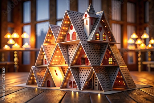 Close-up view: a realistic 3D-rendered house of cards, embodying the risk and precision of poker in a casino setting. photo