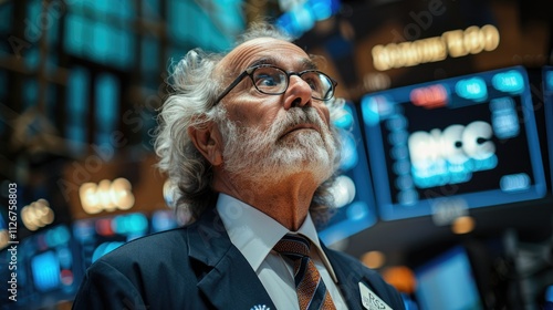 Elderly man in suit looking upwards at stock ticker in a bustling exchange.