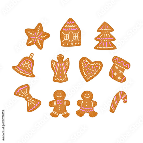 Set of festive New Year's gingerbread cookies decorated with colored glaze. Vector isolated color illustration.