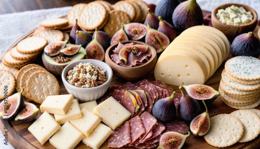 Close up of charcuterie board with cheese, fig, and crackers Close up of charcuterie board with cheese, fig, and crackers