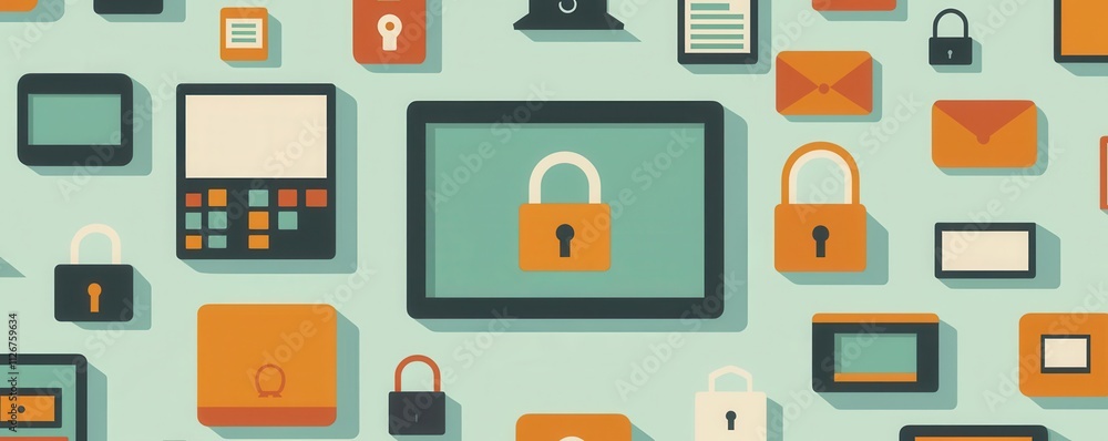 Cybersecurity compliance checklist, digital screen and lock icon, flat design illustration Cybersecurity compliance checklist, digital screen and lock icon, flat design illustration