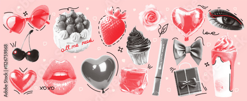 Halftone collage with cut-out elements in the form of a heart, eyes, mouth, lipstick, cupcake, cherry, rose. Vector illustration of a trendy vintage collage with doodles.