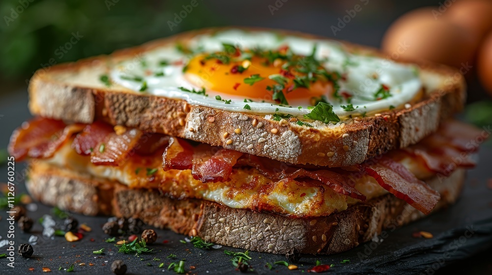 Indulgent Breakfast Sandwich Crispy Toast with Fried Egg, Savory Bacon, and Fresh Herbs Indulgent Breakfast Sandwich Crispy Toast with Fried Egg, Savory Bacon, and Fresh Herbs
