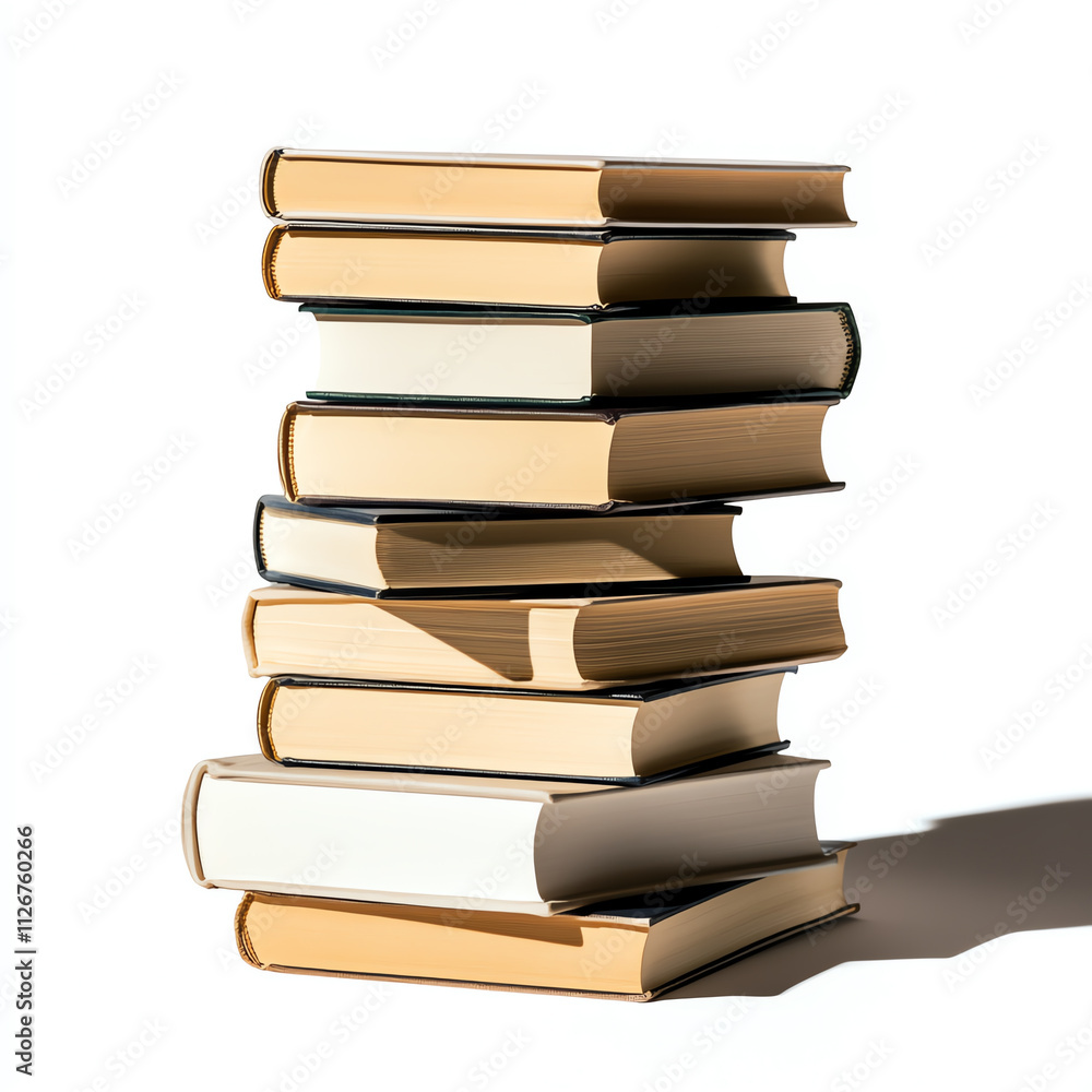 A stack of books arranged neatly, casting shadows on a white background. A stack of books arranged neatly, casting shadows on a white background.
