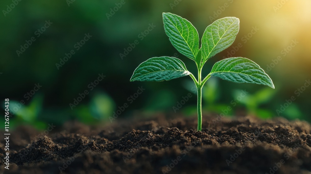 Fresh Green Seedling Growing in Rich Dark Soil with Sunlight in the Background Fresh Green Seedling Growing in Rich Dark Soil with Sunlight in the Background
