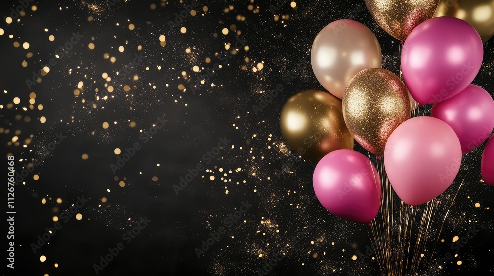 Black festive background with pink and gold balloons and golden dust: elegant and glamorous celebration atmosphere. Black festive background with pink and gold balloons and golden dust: elegant and glamorous celebration atmosphere.