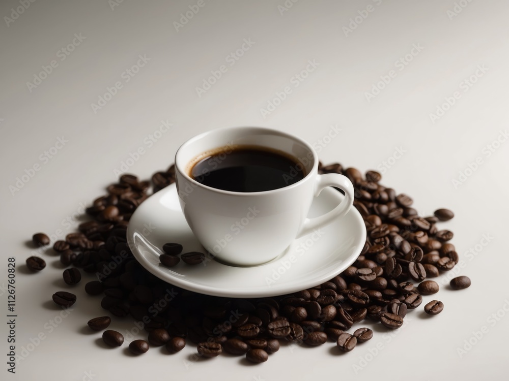 Cup of coffee surrounded by aromatic coffee beans. Cup of coffee surrounded by aromatic coffee beans.