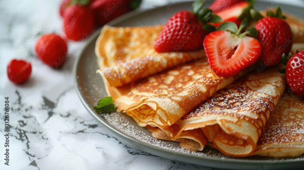 Fluffy crepes brimming with velvety ricotta, garnished with vibrant strawberries on a refined marble table Fluffy crepes brimming with velvety ricotta, garnished with vibrant strawberries on a refined marble table