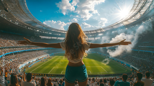Woman celebrates victory stadium