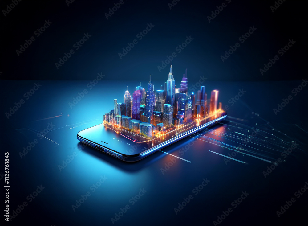 Obraz premium A vibrant, futuristic cityscape miniature sits atop a smartphone, glowing with neon lights and connected by digital streams. It symbolizes technological advancement and urban connectivity.