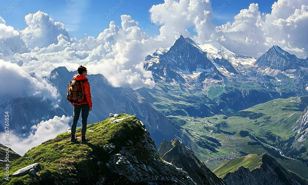 Hiker Contemplates Majestic Alpine Panorama from Summit Hiker Contemplates Majestic Alpine Panorama from Summit