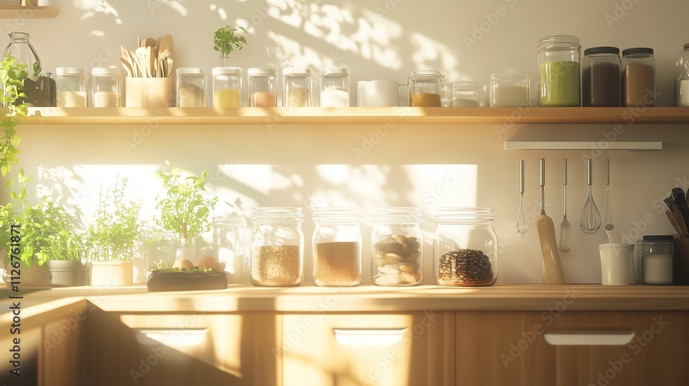 A modern kitchen set up for a zero-waste lifestyle, with glass jars for bulk food storage, compost bins, and sunlight streaming through the eco-conscious design. A modern kitchen set up for a zero-waste lifestyle, with glass jars for bulk food storage, compost bins, and sunlight streaming through the eco-conscious design.