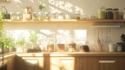 A modern kitchen set up for a zero-waste lifestyle, with glass jars for bulk food storage, compost bins, and sunlight streaming through the eco-conscious design.