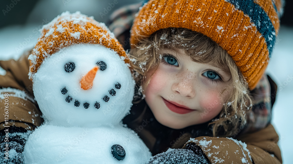 Cute child with snowman, joyful winter fun, snowy day, happy childhood, holiday magic, winter wonderland Cute child with snowman, joyful winter fun, snowy day, happy childhood, holiday magic, winter wonderland