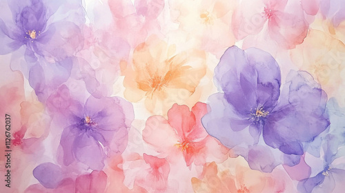 Soft watercolor florals in pastel tones, subtly scattered across a pale grayish-white background,