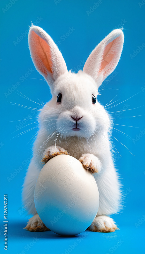 Fototapeta premium Fluffy white rabbit holding a large egg on bright blue background
