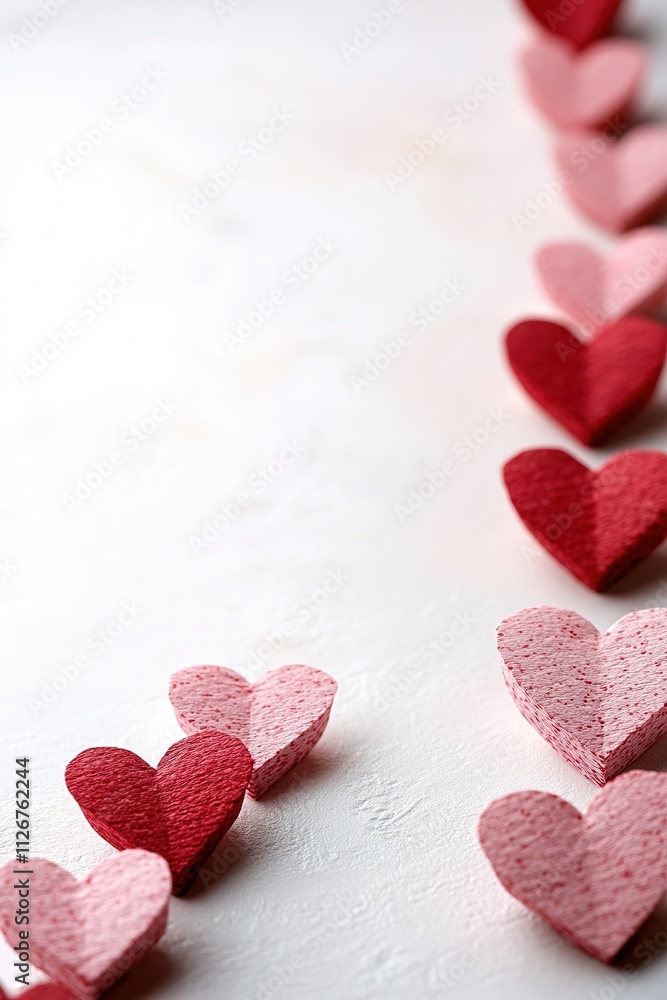 Obraz premium neat row of tiny paper hearts in red and pink is arranged on smooth white background softly illuminated with abundant
