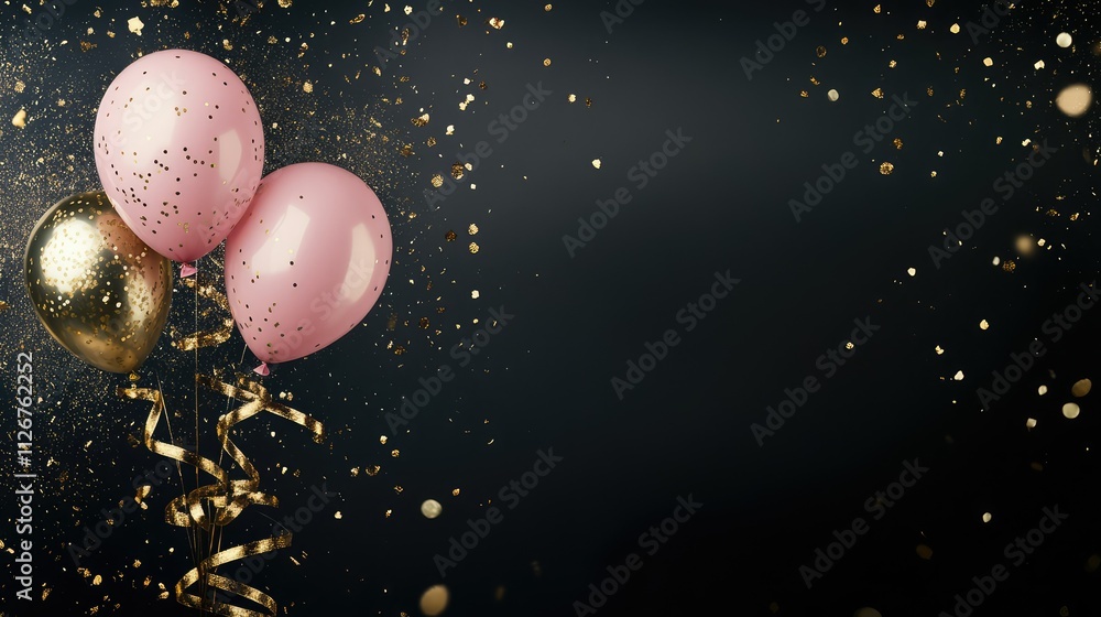 Black festive background with pink and gold balloons and golden dust: elegant and glamorous celebration atmosphere. Black festive background with pink and gold balloons and golden dust: elegant and glamorous celebration atmosphere.