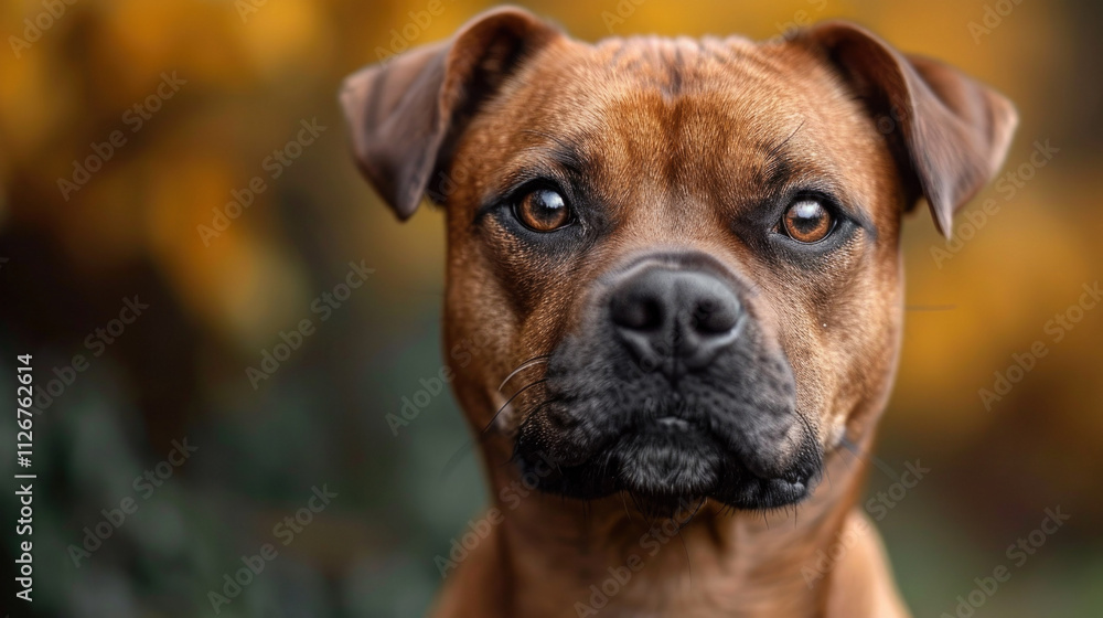 Close-up portrait of brown Staffordshire Bull Terrier with soulful amber eyes against autumn-colored background, capturing the breed's distinctive facial features and expression. Close-up portrait of brown Staffordshire Bull Terrier with soulful amber eyes against autumn-colored background, capturing the breed's distinctive facial features and expression.