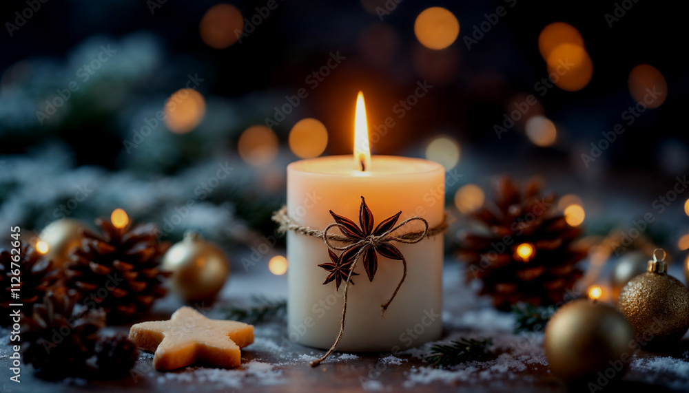 Lit candle with star anise, pine cones, a star-shaped cookie, and ornaments, evoking a cozy, festive winter atmosphere Lit candle with star anise, pine cones, a star-shaped cookie, and ornaments, evoking a cozy, festive winter atmosphere