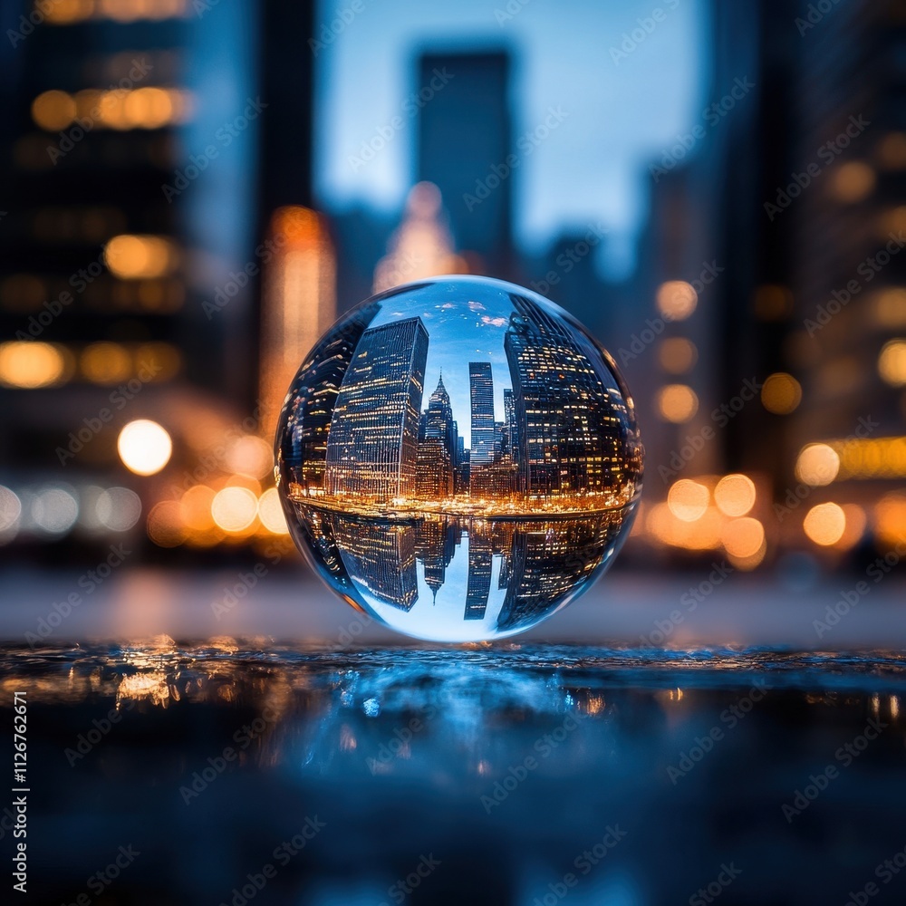Urban Reflections in a Crystal Sphere at Dusk in a Cityscape Urban Reflections in a Crystal Sphere at Dusk in a Cityscape