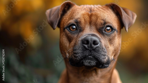 Close-up portrait of brown Staffordshire Bull Terrier with soulful amber eyes against autumn-colored background, capturing the breed's distinctive facial features and expression.