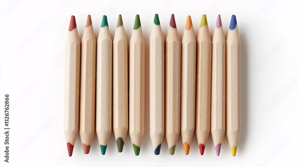 Naklejka premium Natural Wood Colored Pencils Displayed in a Row on a White Background Perfect for Art Projects and Creative Educational Materials