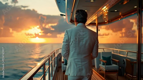 A billionaire standing confidently at the stern of his luxury yacht at sunset, gazing at the horizon, symbolizing success and wealth.